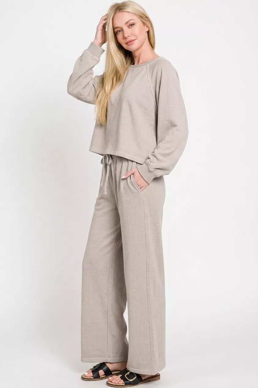 Zenana Washed F/terry Round Neck Pullover & Pants Set ASH MOCHA view 3 (bottom) - set pullover, pants s - shop at us.meeeshop