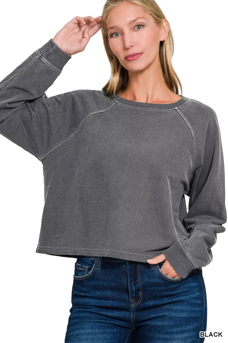 Zenana Washed F/terry Round Neck Pullover & Pants Set view 4 (bottom) - set pullover, pants set pullove - shop at us.meeeshop