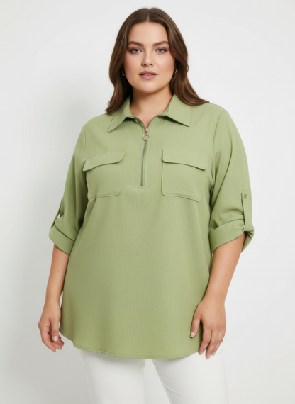 Zip Front Utility Pocket Tunic Blouse - MeeeShop Women's Fashion