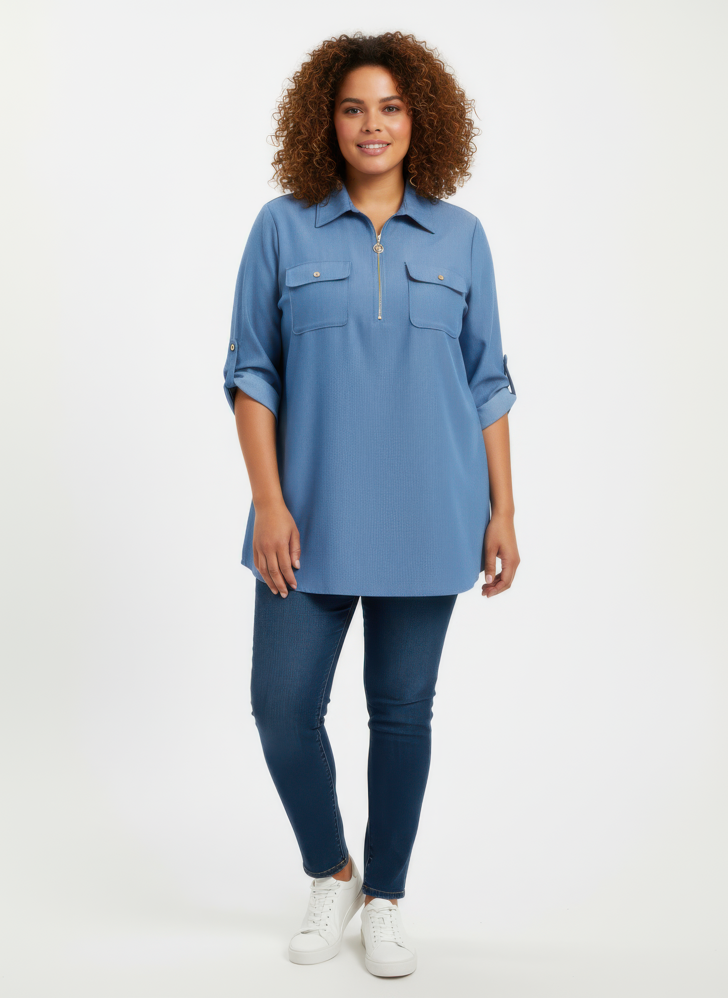 Zip Front Utility Pocket Tunic Blouse - MeeeShop Women's Fashion