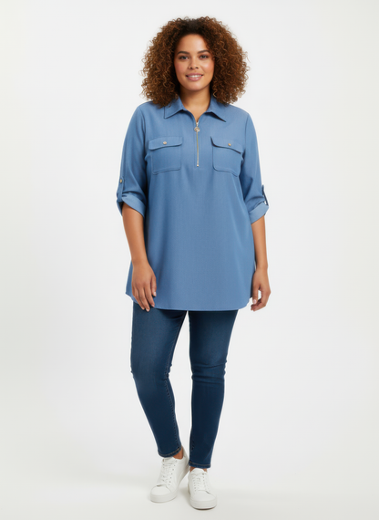Zip Front Utility Pocket Tunic Blouse - MeeeShop Women's Fashion