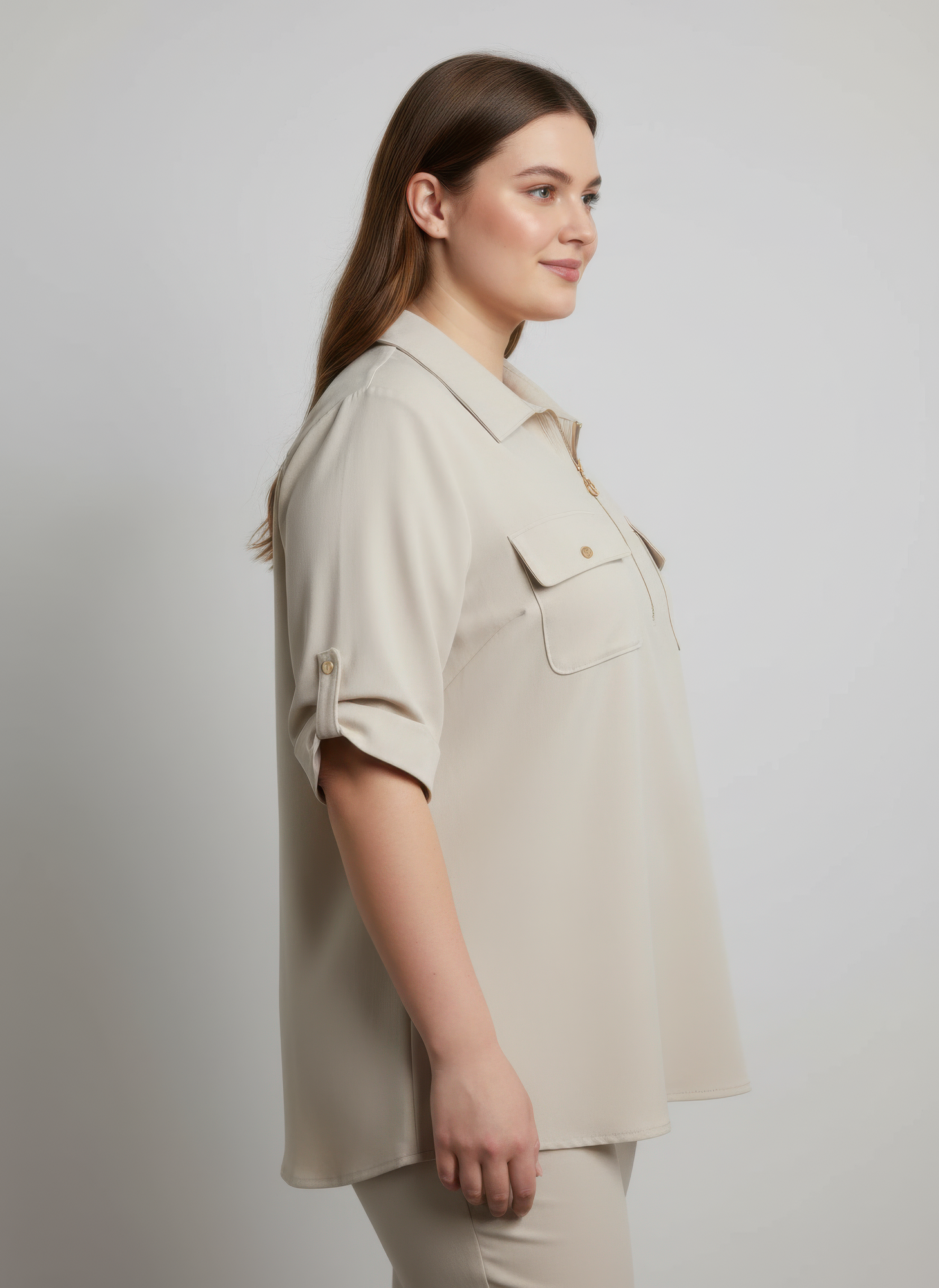 Zip Front Utility Pocket Tunic Blouse in Blue view 2 - Zip Utility Shirt (top)