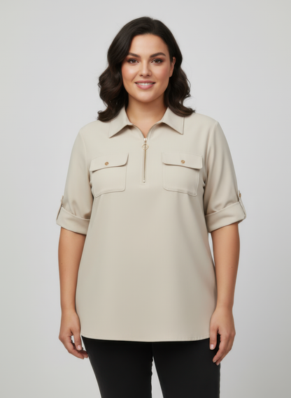 Zip Front Utility Pocket Tunic Blouse in Blue - Zip Utility Shirt (top)