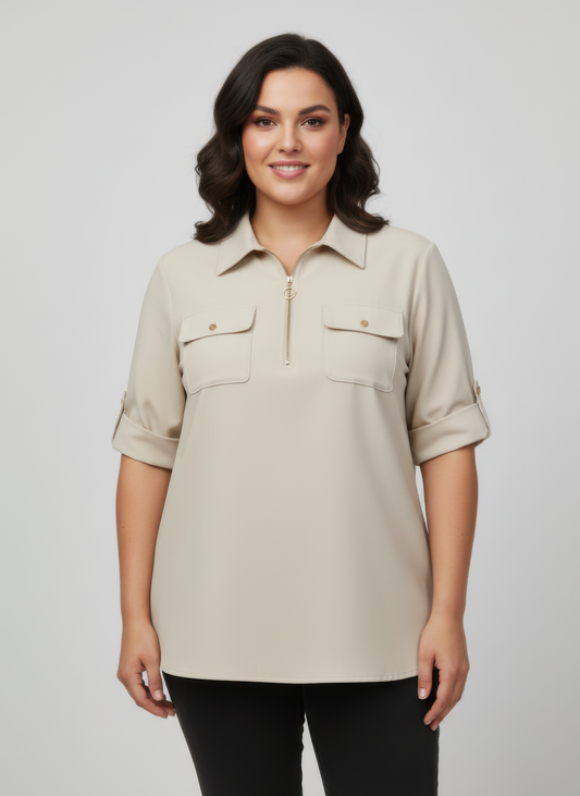 Zip Front Utility Pocket Tunic Blouse in Blue - Zip Utility Shirt (top)
