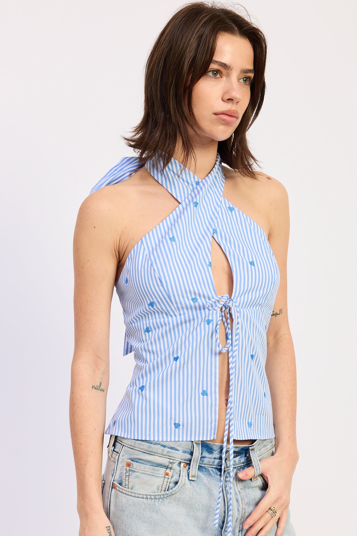 Zoey Halter Top in Blue Stripe view 2 - Zoey Crop Top