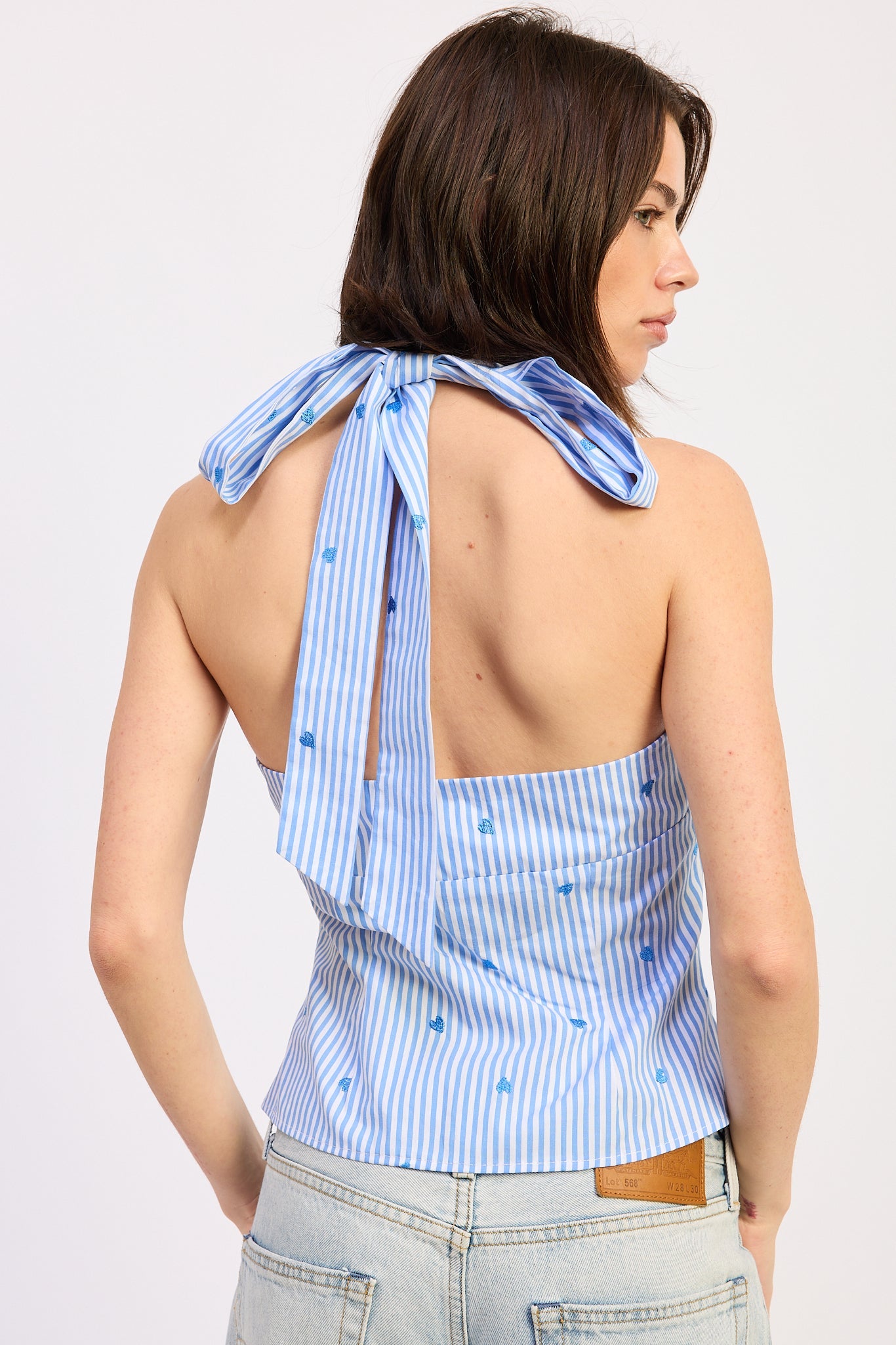 Zoey Halter Top in Blue Stripe view 3 - Zoey Crop Top