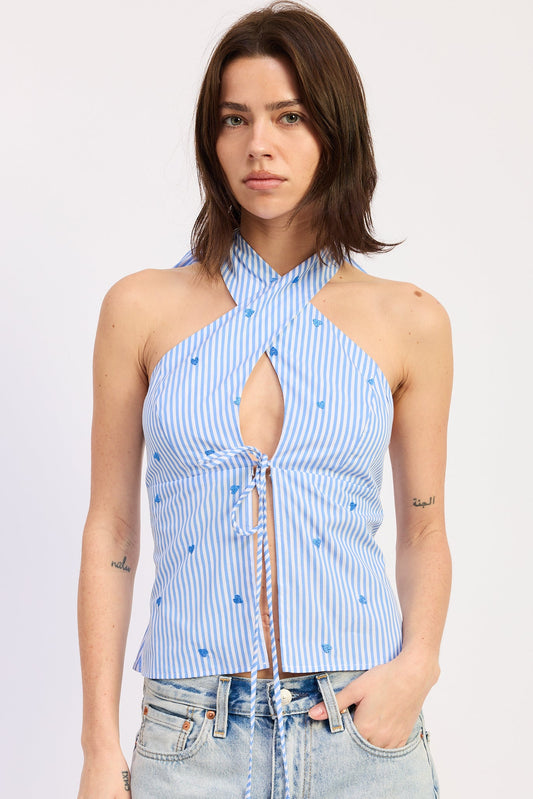 Zoey Halter Top in Blue Stripe - Zoey Crop Top
