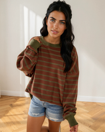 Zya Drop Shoulder Loose Sweater in Brown Stripe - Relaxed Fit (top)