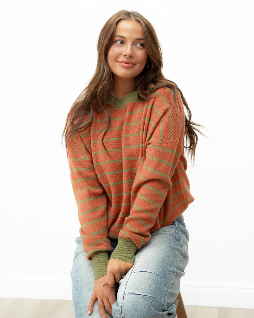 zya stripe round Zya Stripe Round Neck Drop Shoulder Loose Sweater - Brown Brown Stripe (layer) - shop at us.meeeshop
