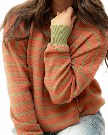 zya stripe round Zya Stripe Round Neck Drop Shoulder Loose Sweater - Brown view 2 (layer) - shop at us.meeeshop