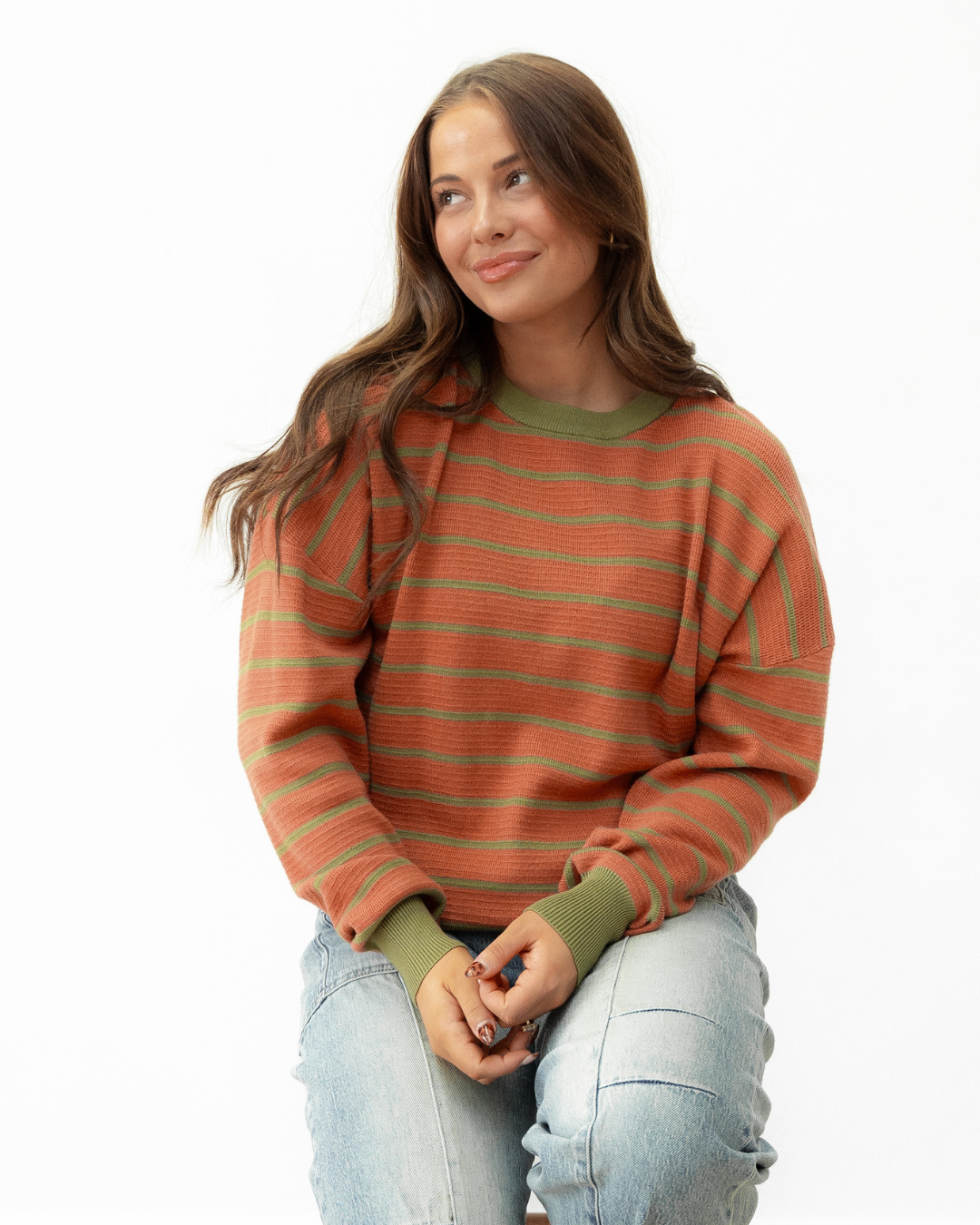 zya stripe round Zya Stripe Round Neck Drop Shoulder Loose Sweater - Brown view 3 (layer) - shop at us.meeeshop