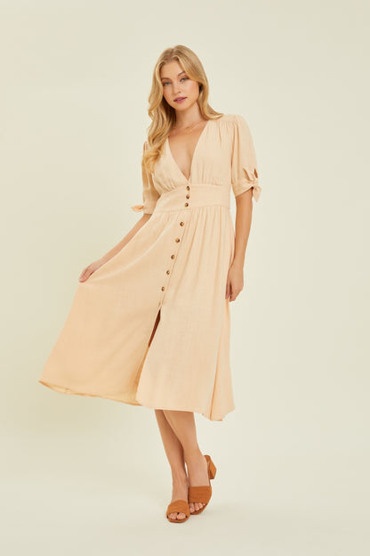 HEYSON Full Size Textured Linen V-Neck Button-Down Midi Dress | us.meeeshop