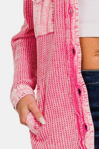 Zenana Waffle-Knit Button Up Dropped Shoulder Jacket | us.meeeshop