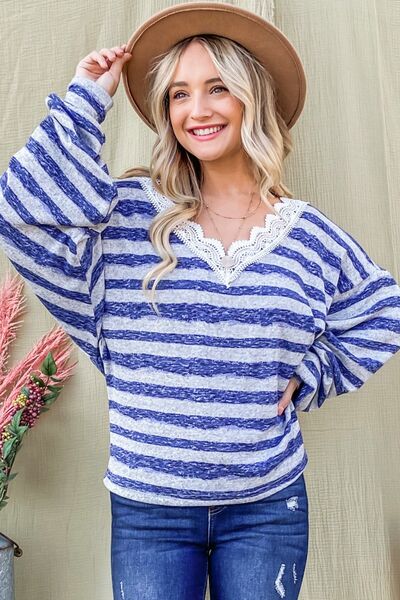 And The Why Striped Lace Detail V Neck Top | us.meeeshop
