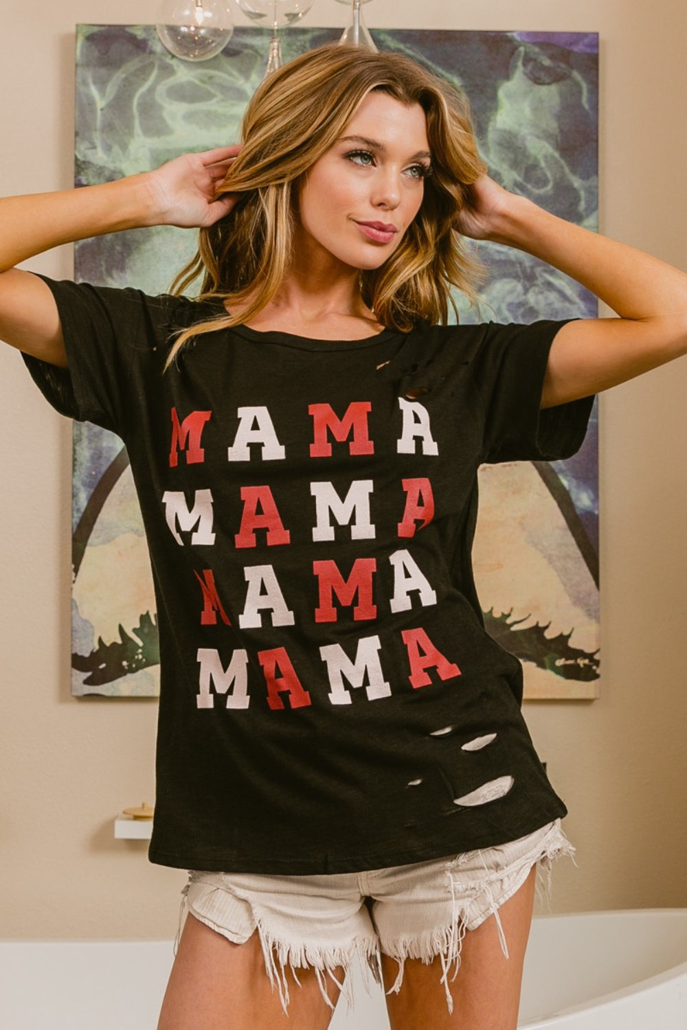 BiBi MAMA Graphic Distressed Short Sleeve T-Shirt | us.meeeshop
