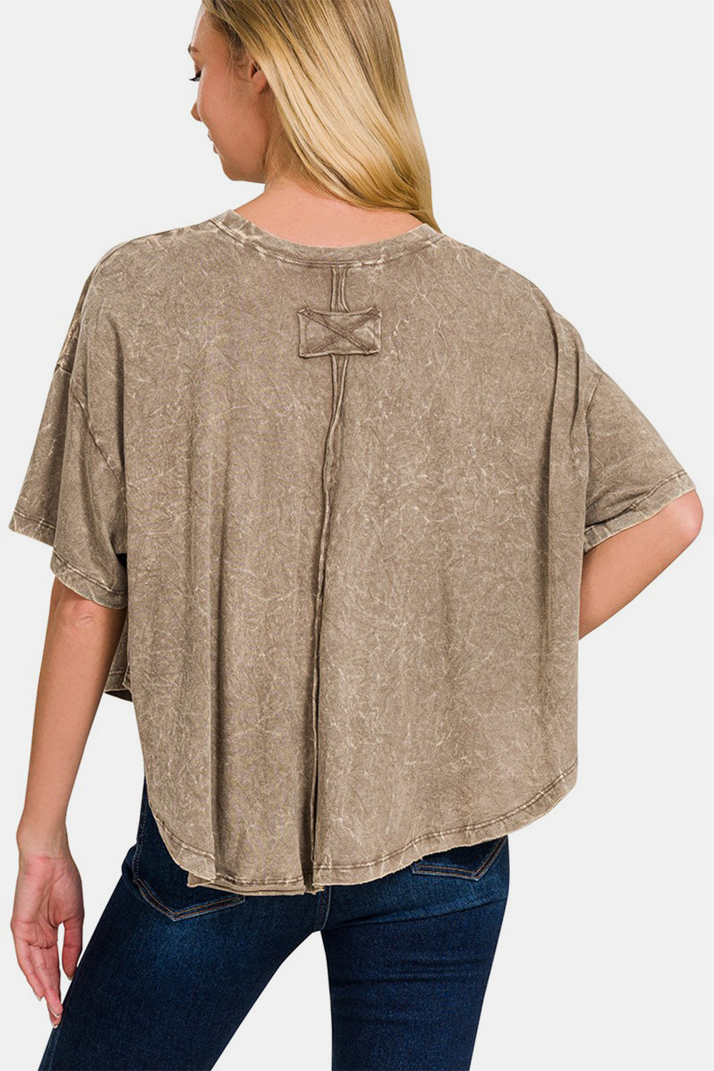 Zenana Washed Round Neck Drop Shoulder Cropped T-Shirt | us.meeeshop