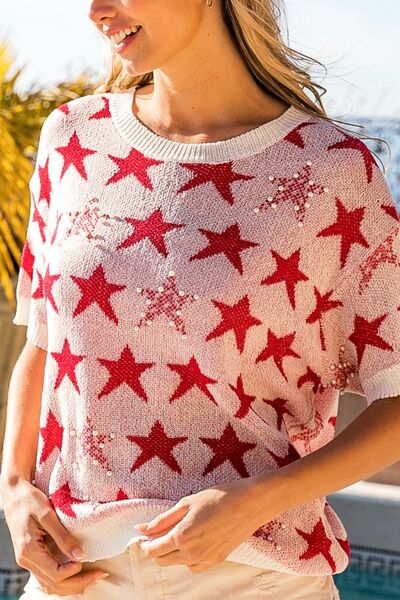 BiBi Star Pattern Round Neck Short Sleeve Knit Top | us.meeeshop