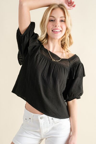 And The Why Square Neck Cotton Gauze Ruffled Blouse | us.meeeshop