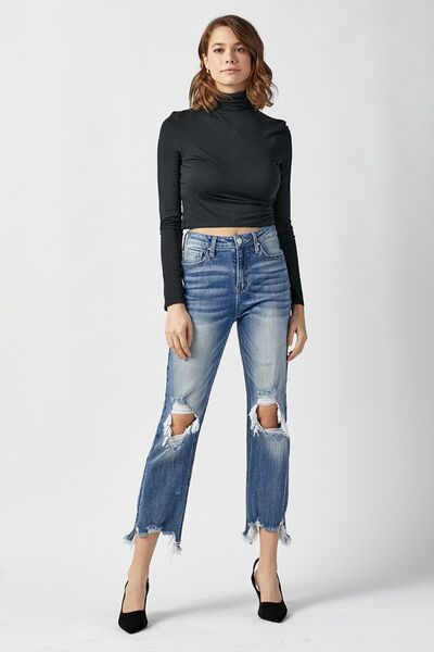RISEN High Waist Distressed Frayed Hem Cropped Straight Jeans | us.meeeshop
