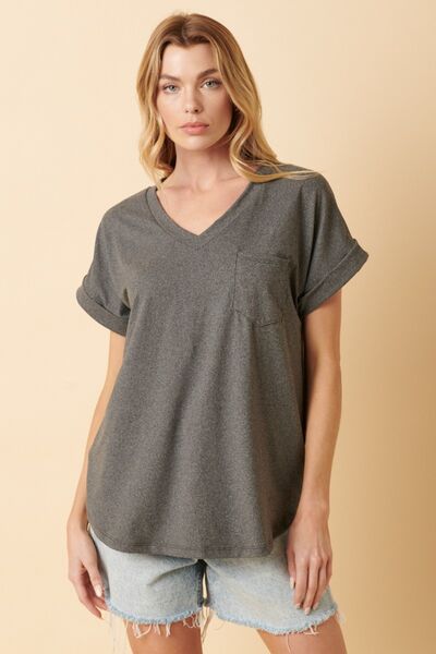 Mittoshop Full Size V-Neck Rolled Short Sleeve T-Shirt | us.meeeshop