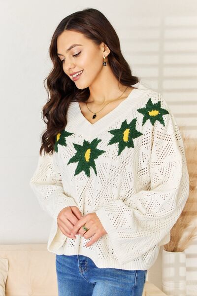 POL Floral Embroidered Pattern V-Neck Sweater | us.meeeshop