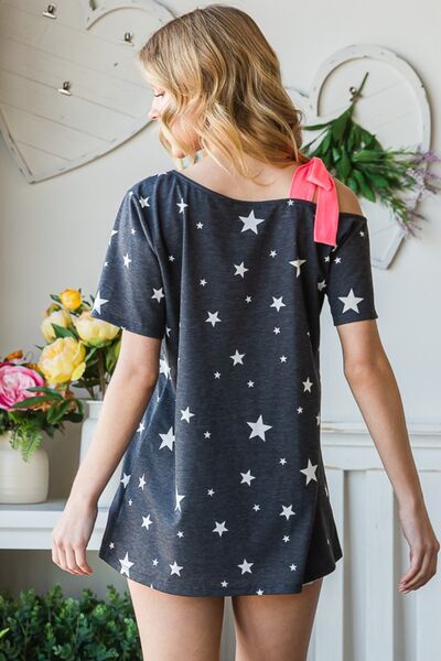 Heimish Full Size Star Print Asymmetrical Neck Short Sleeve Top | us.meeeshop