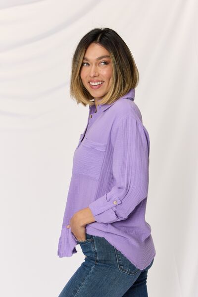 Zenana Texture Button Up Raw Hem Long Sleeve Shirt | us.meeeshop