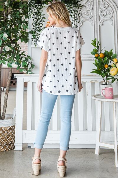 Heimish Full Size Star Print Short Sleeve V-Neck Waffle Knit T-Shirt | us.meeeshop
