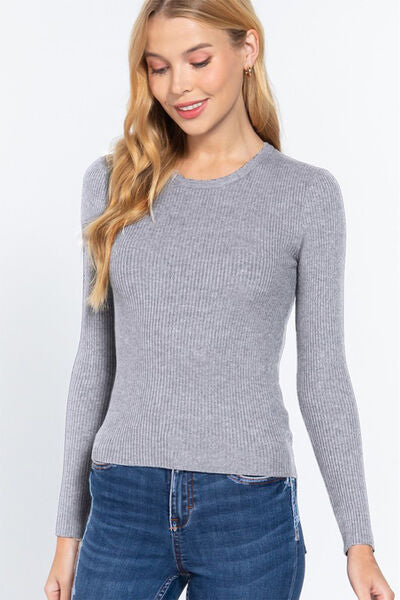 ACTIVE BASIC Full Size Ribbed Round Neck Long Sleeve Knit Top | us.meeeshop