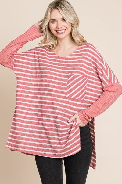 Culture Code Oversize Striped Round Neck Long Sleeve Slit T-Shirt | us.meeeshop