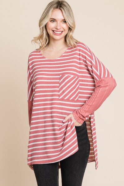 Culture Code Oversize Striped Round Neck Long Sleeve Slit T-Shirt | us.meeeshop
