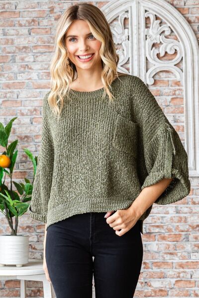 Veveret Round Neck Roll-Up Sweater | us.meeeshop