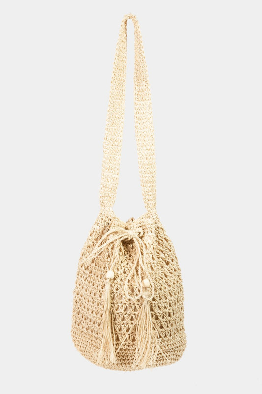 Fame Straw Braided Drawstring Tote Bag with Tassel | us.meeeshop