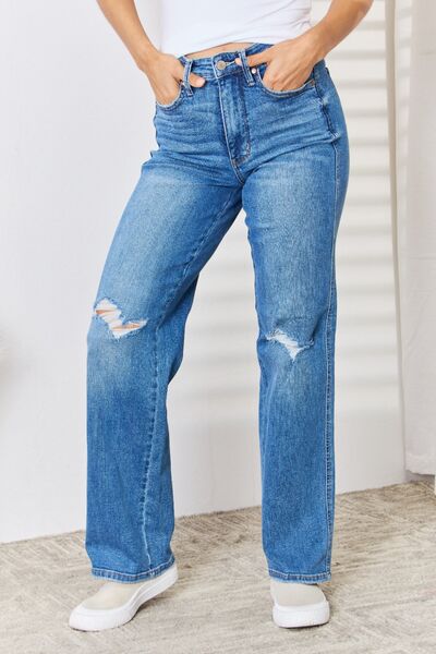 Judy Blue Full Size High Waist Distressed Straight-Leg Jeans | us.meeeshop