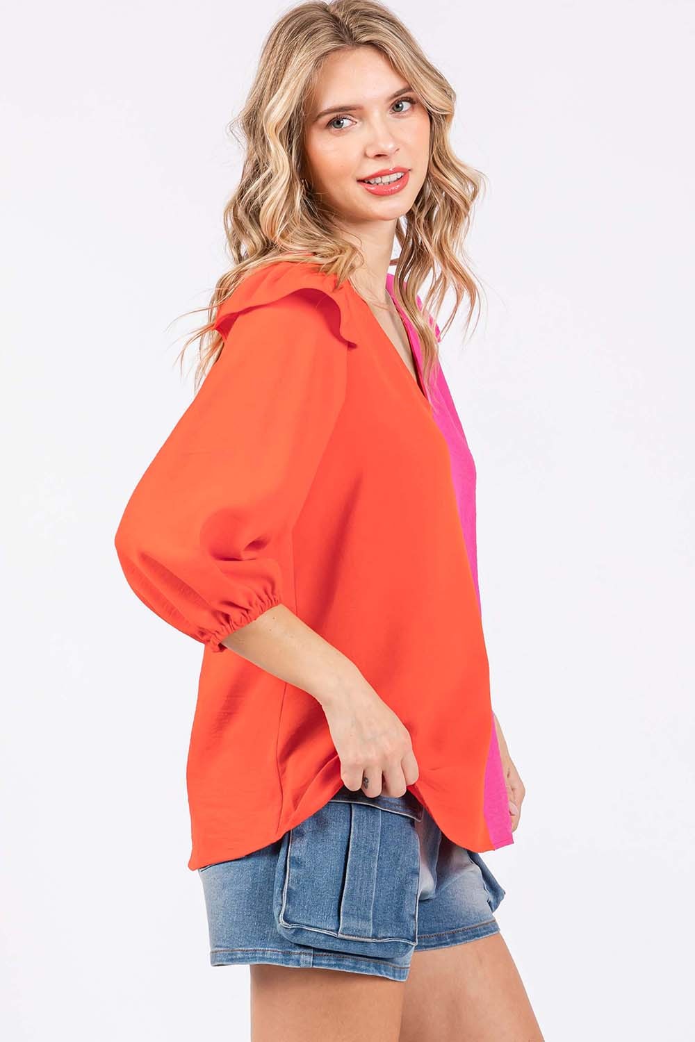 GeeGee Full Size Ruffle Trim Contrast Blouse | us.meeeshop