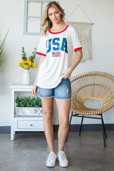 Heimish Full Size USA Contrast Trim Short Sleeve T-Shirt | us.meeeshop