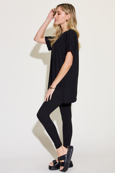 Zenana Full Size Short Sleeve Slit T-Shirt and Leggings Lounge Set | us.meeeshop