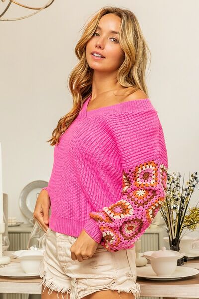 BiBi V-Neck Crochet Long Sleeve Sweater | us.meeeshop