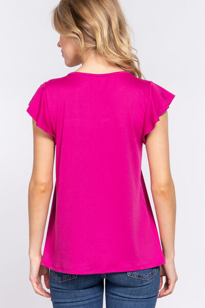 ACTIVE BASIC Ruffle Short Sleeve Lace Detail Knit Top | us.meeeshop