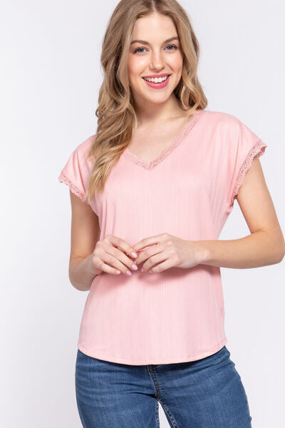 ACTIVE BASIC Lace Trim V-Neck Short Sleeve Ribbed Top | us.meeeshop