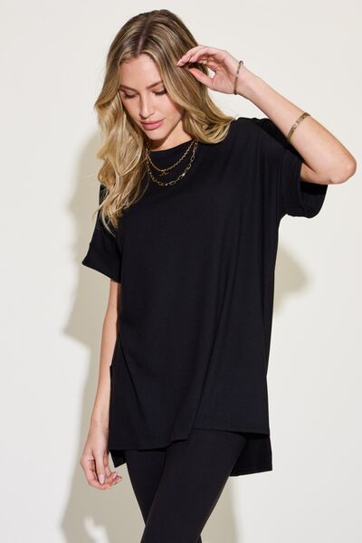 Zenana Full Size Short Sleeve Slit T-Shirt and Leggings Lounge Set | us.meeeshop