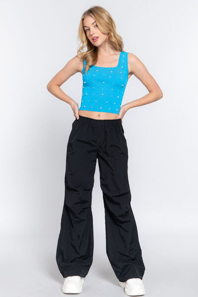 ACTIVE BASIC Pearl Detail Square Neck Cropped Tank | us.meeeshop