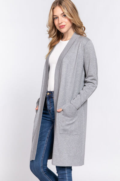 ACTIVE BASIC Open Front Rib Trim Long Sleeve Knit Cardigan | us.meeeshop