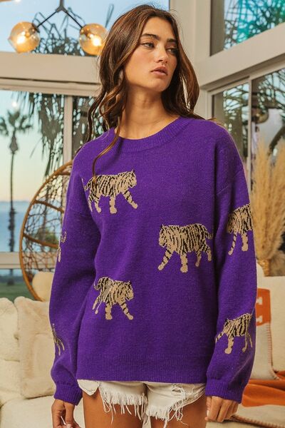 BiBi Tiger Pattern Long Sleeve Sweater | us.meeeshop
