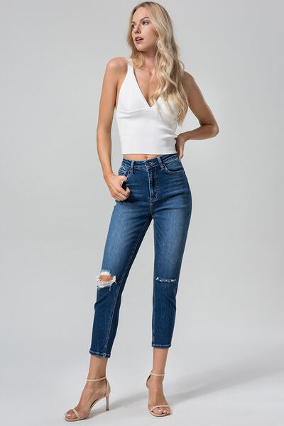 BAYEAS Full Size High Waist Distressed Washed Cropped Mom Jeans | us.meeeshop