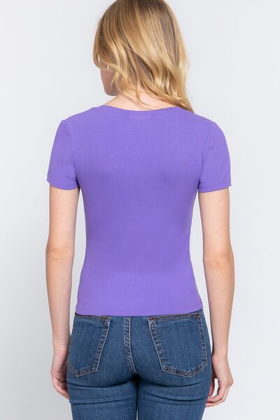 ACTIVE BASIC V-Neck Ribbed Short Sleeve Knit T-Shirt | us.meeeshop