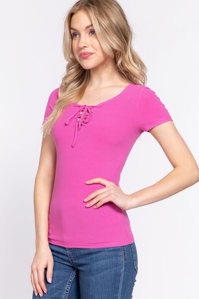 ACTIVE BASIC Lace Up Short Sleeve Rib Knit T-Shirt | us.meeeshop