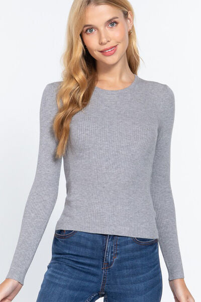 ACTIVE BASIC Full Size Ribbed Round Neck Long Sleeve Knit Top | us.meeeshop