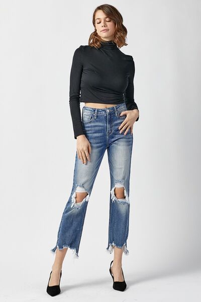RISEN High Waist Distressed Frayed Hem Cropped Straight Jeans | us.meeeshop