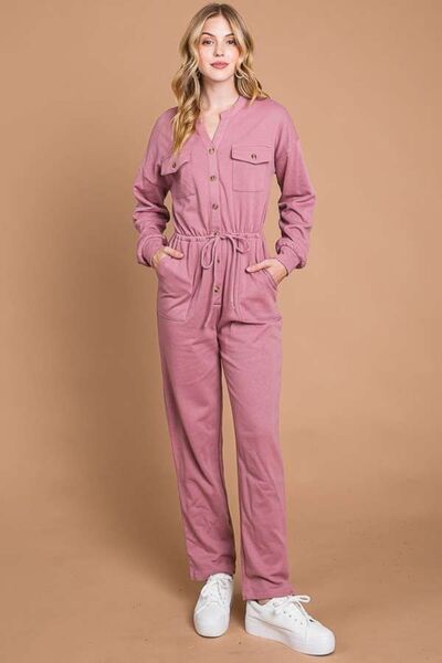 Culture Code Full Size Button Up Drawstring Waist Straight Jumpsuit | us.meeeshop
